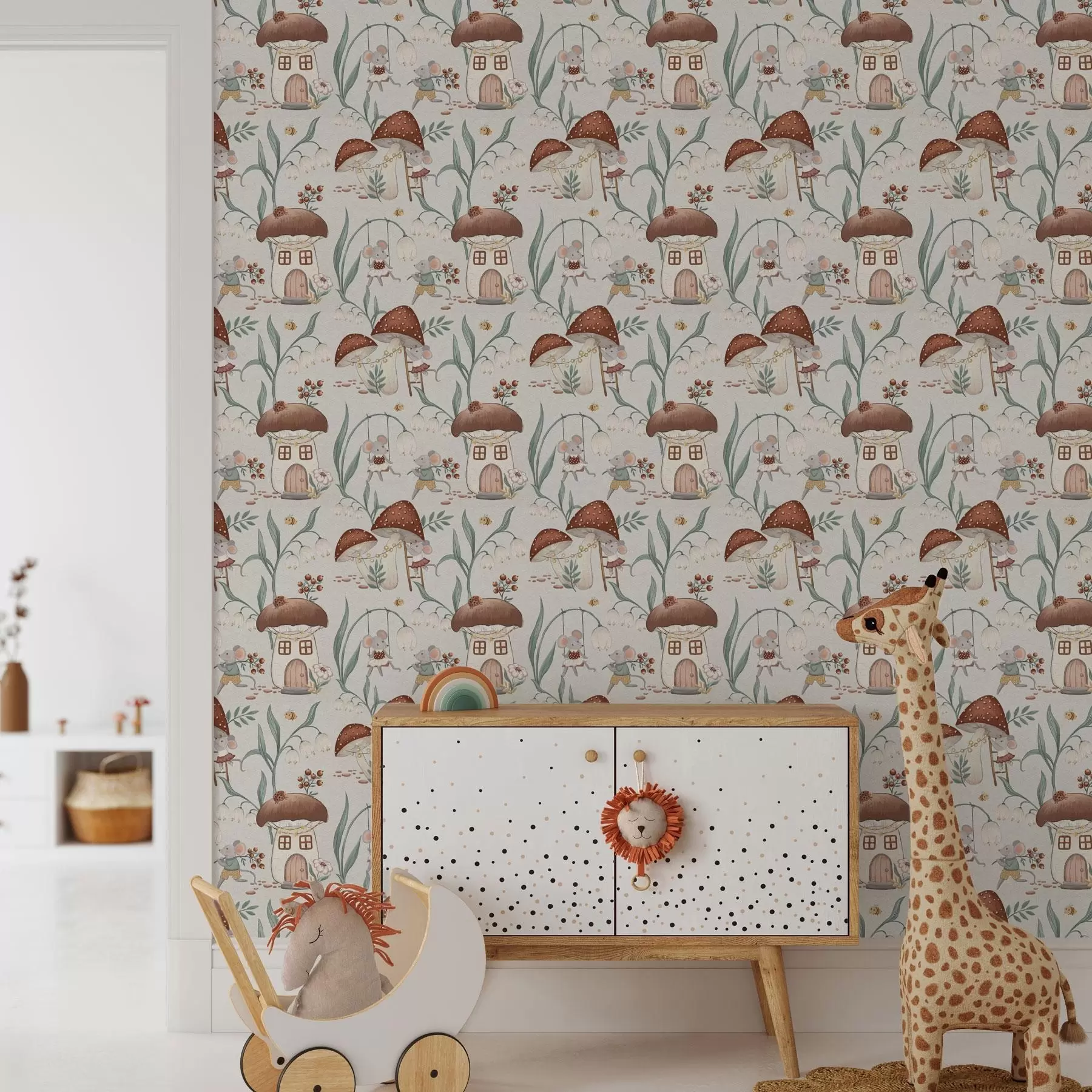 Papier peint Souris mignonnes et champignons sur fond de paysage forestier fantaisiste a00450