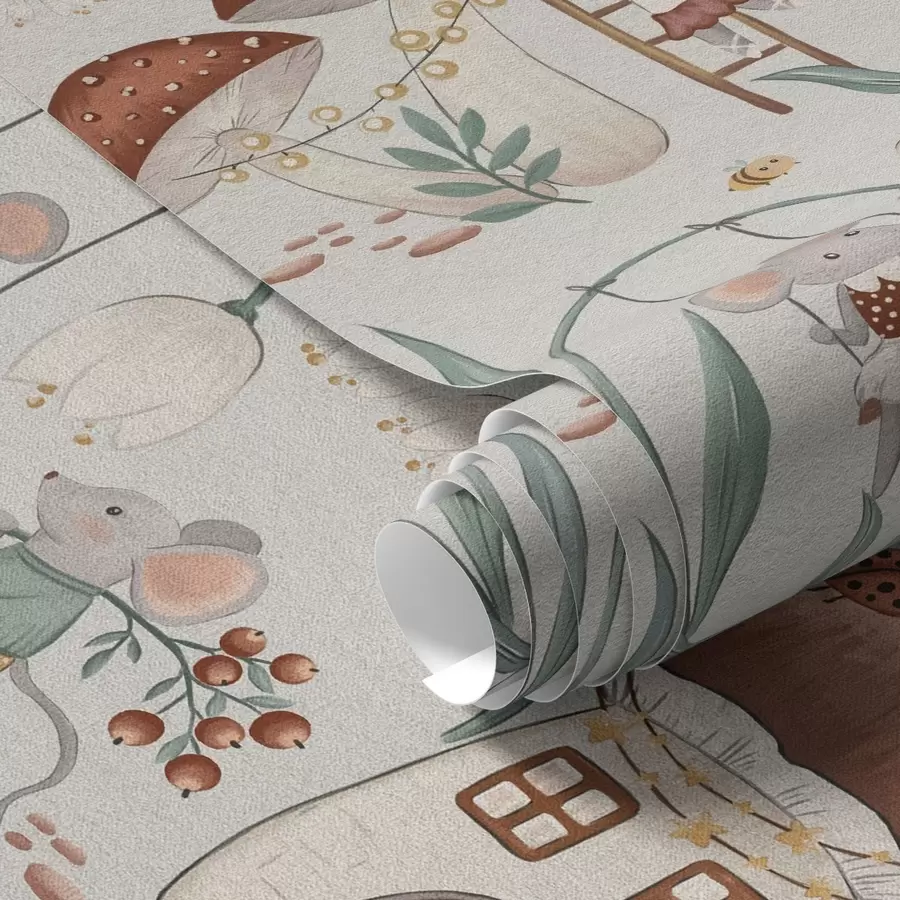 Papier peint Souris mignonnes et champignons sur fond de paysage forestier fantaisiste a00450