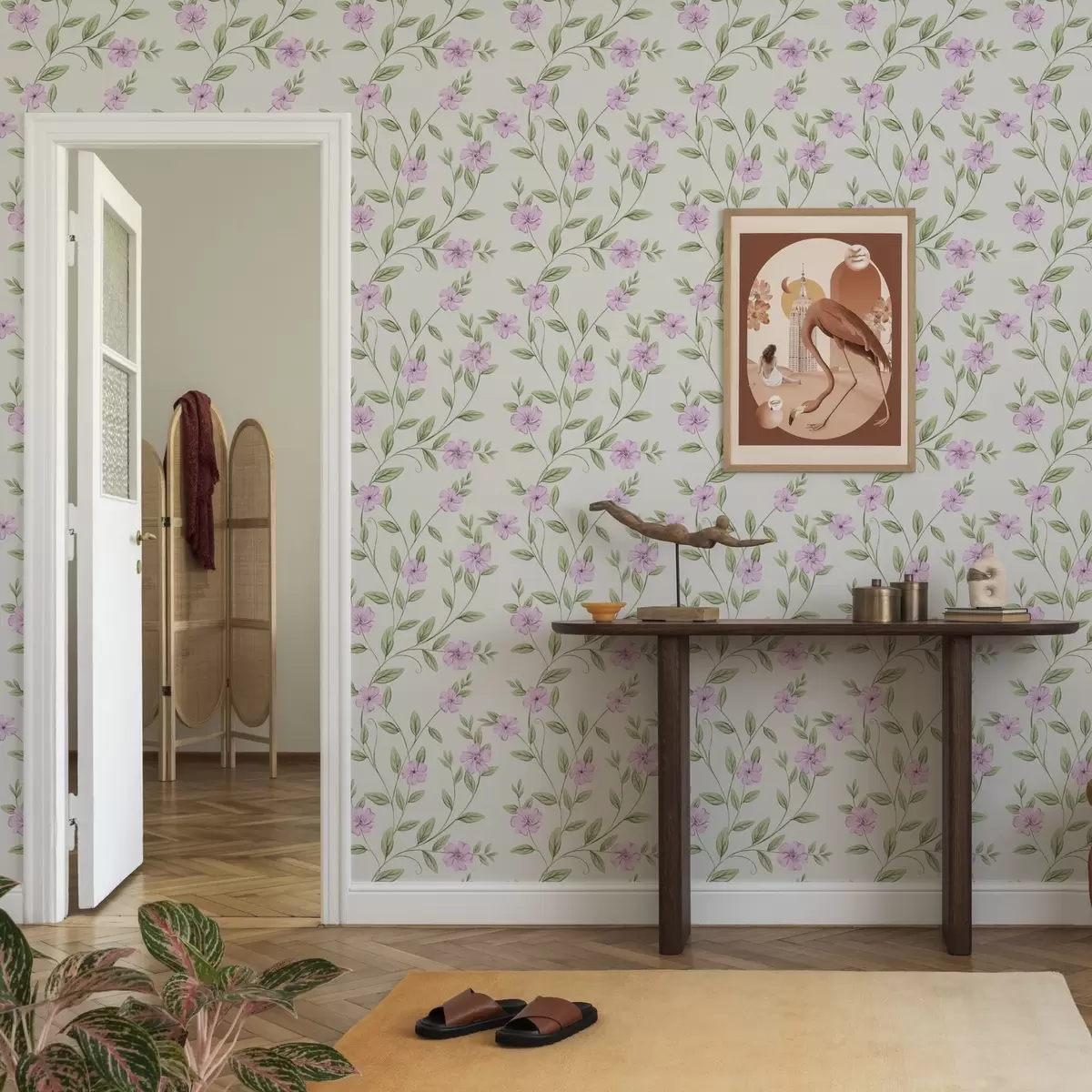 Papier peint Fleurs roses et lianes vertes sur fond crème a00453