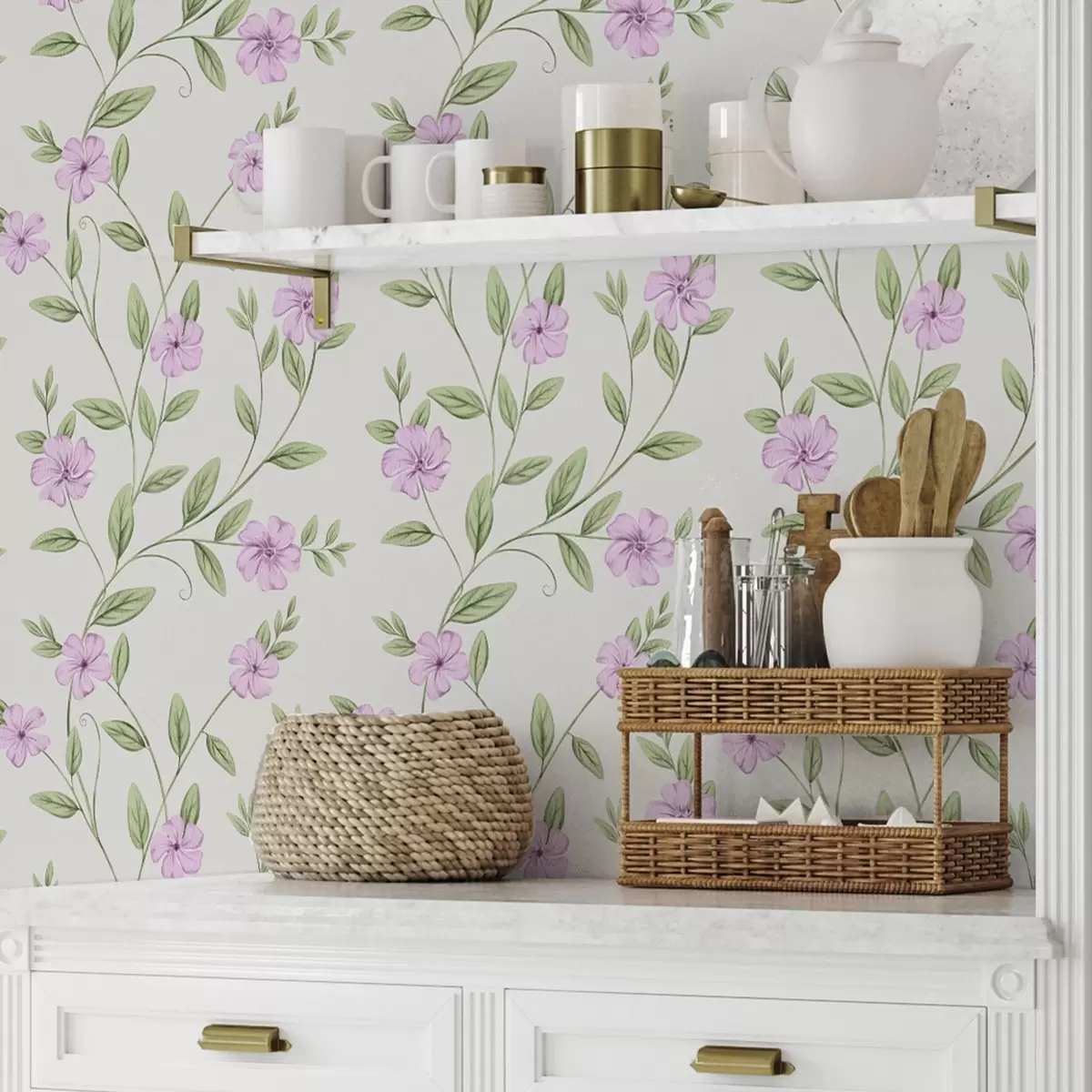 Papier peint Fleurs roses et lianes vertes sur fond crème a00453