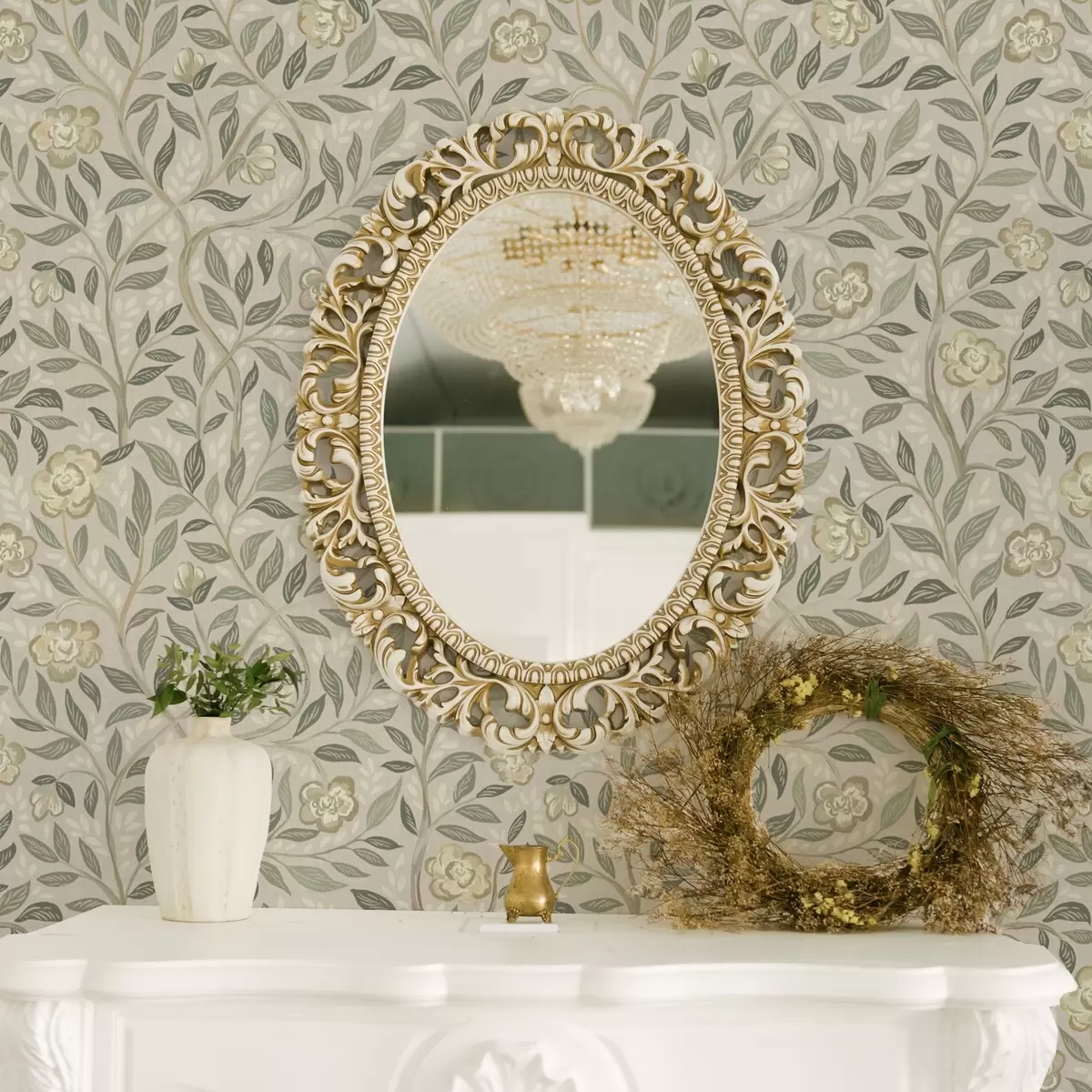 Papier peint Roses de couleur crème et feuilles d'olivier sur fond de rose poussiéreux a00455