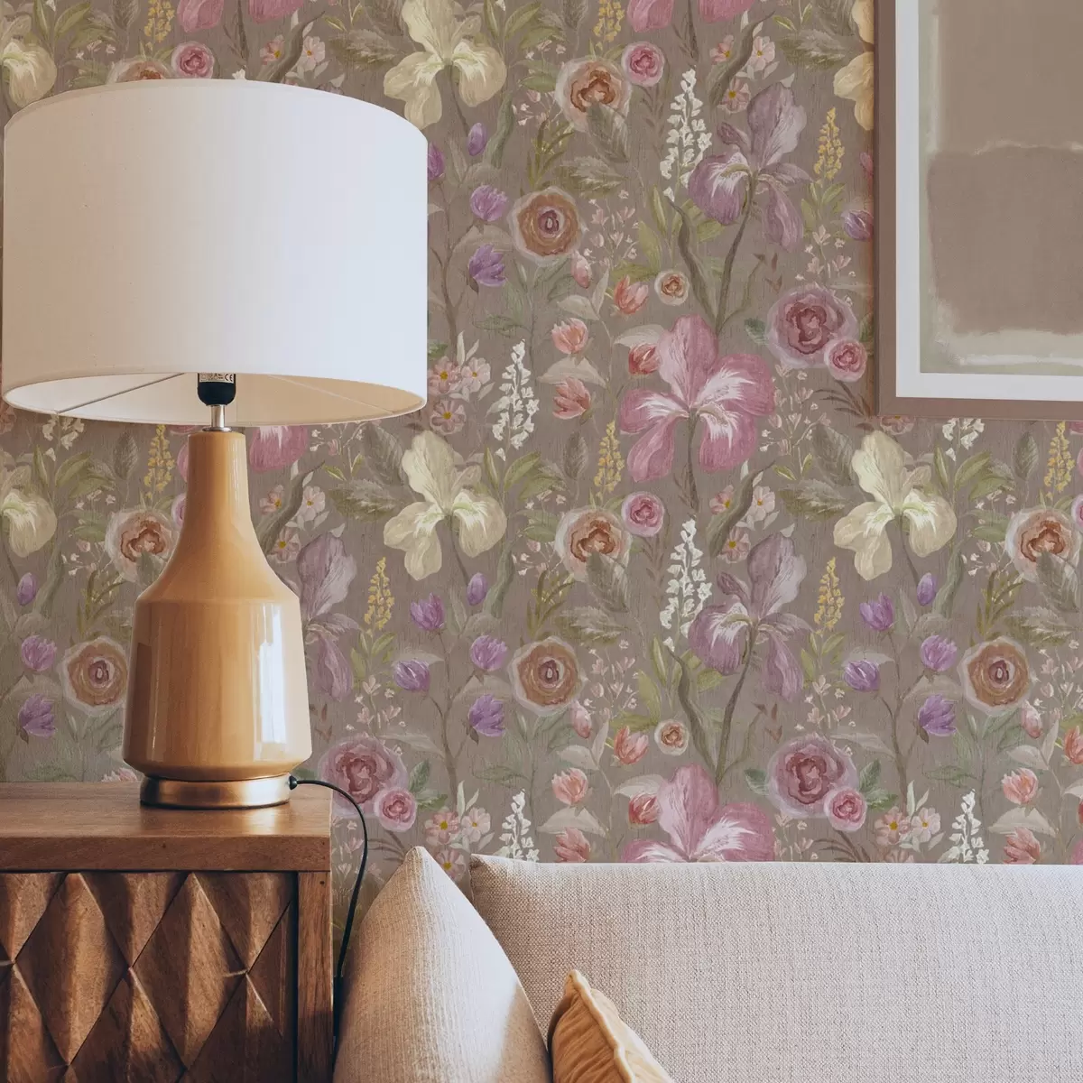 Papier peint Motif de fleur d'iris rose vintage sur fond beige texturé a00457