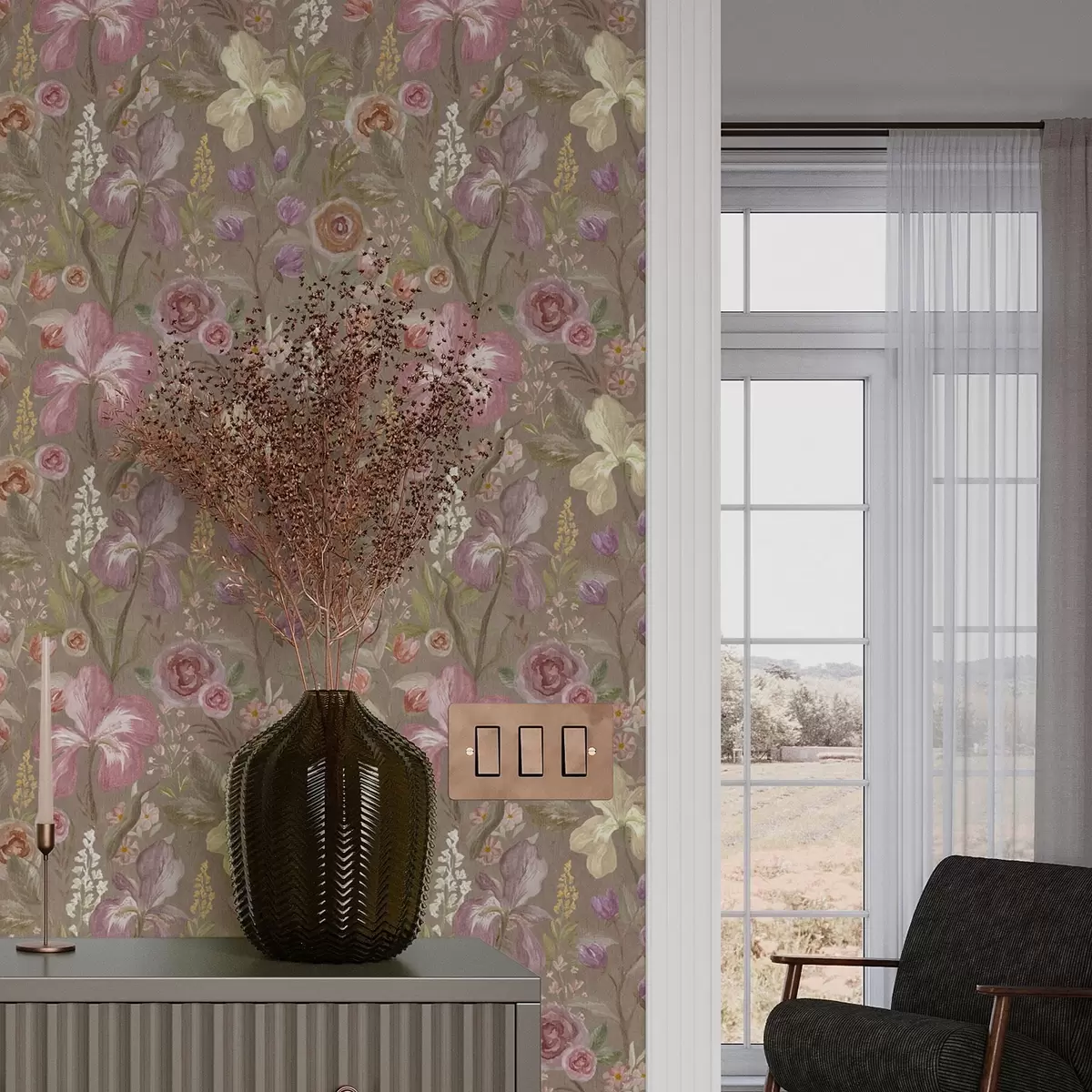 Papier peint Motif de fleur d'iris rose vintage sur fond beige texturé a00457
