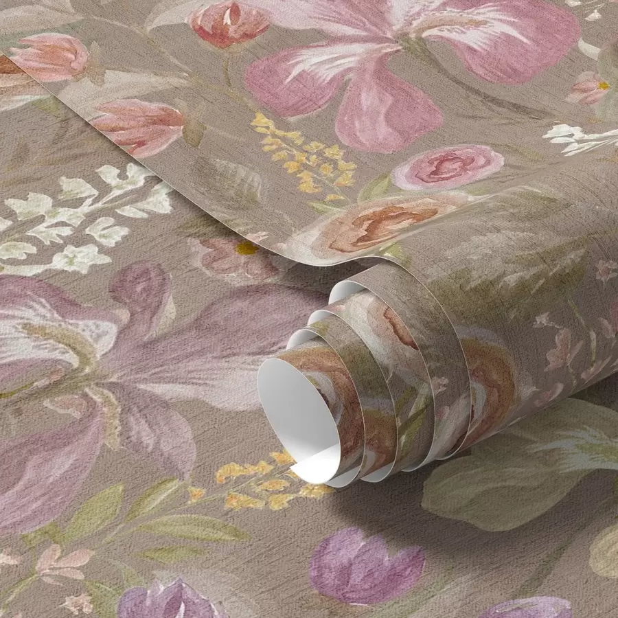 Papier peint Motif de fleur d'iris rose vintage sur fond beige texturé a00457