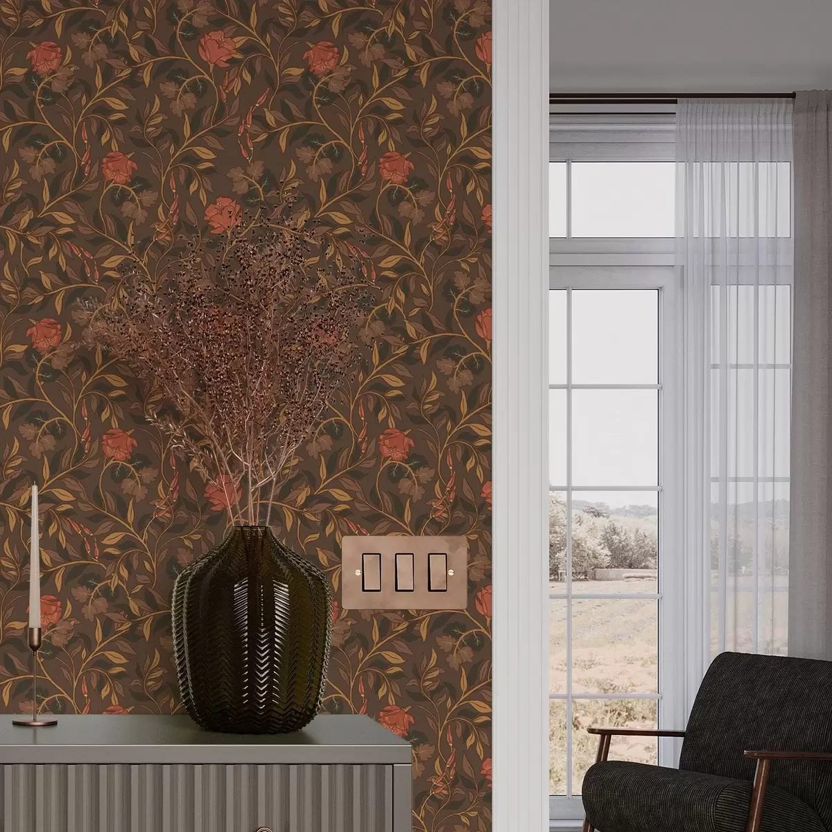 Papier peint Branches en terre cuite fleuries sur fond brun a00460