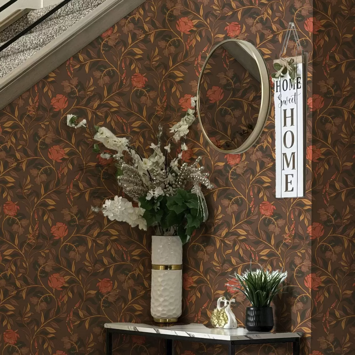 Papier peint Branches en terre cuite fleuries sur fond brun a00460