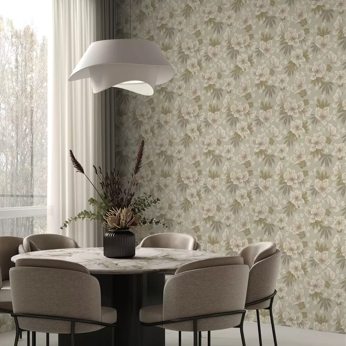 Papier peint Fleurs crème sur fond vert olive a00462