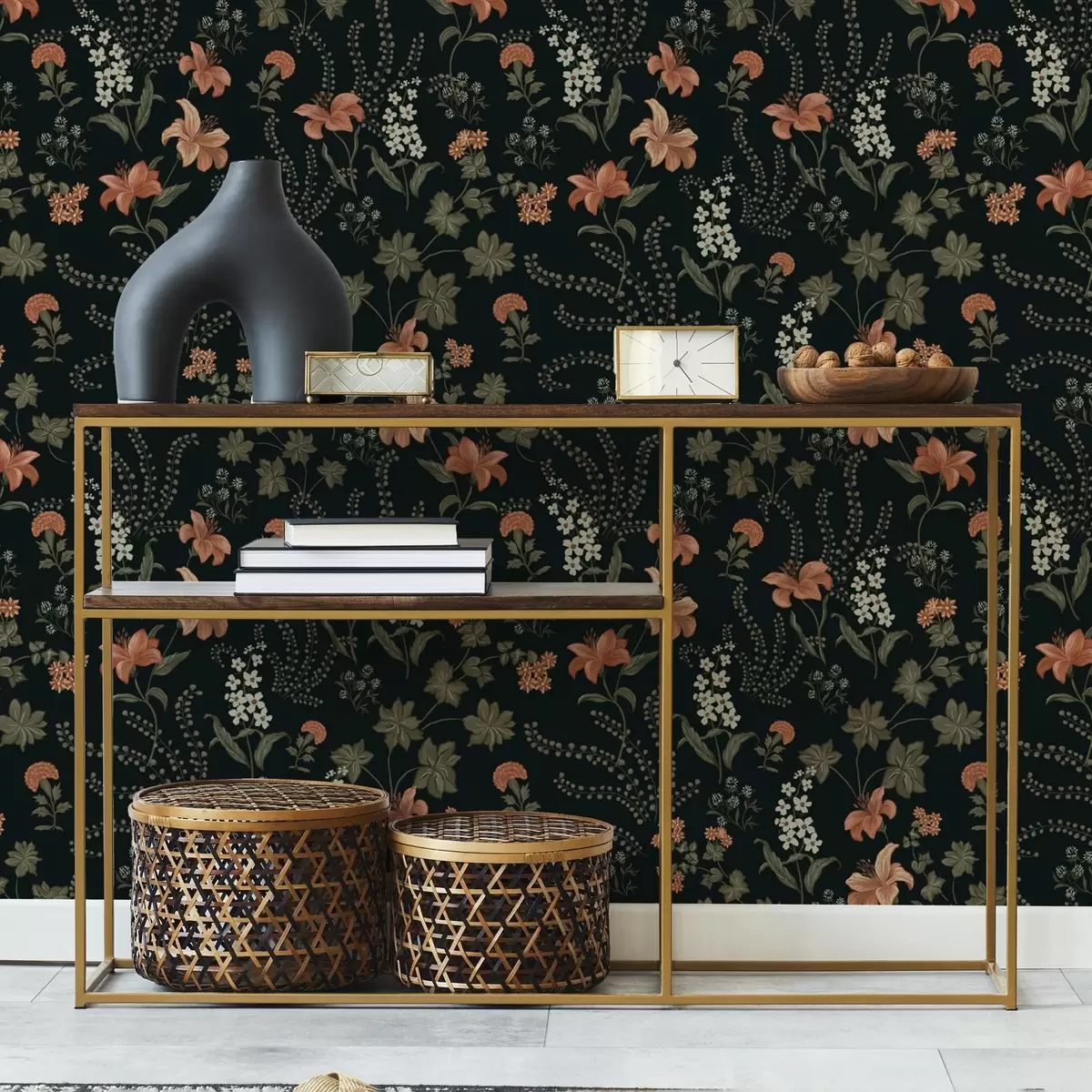 Papier peint Lys orange et petites fleurs sur fond noir a00463
