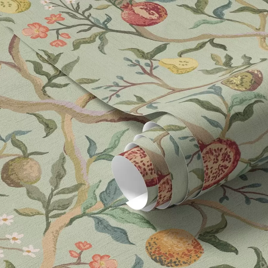 Papier peint Grenades, poires et fleurs sur fond vert pâle a00465