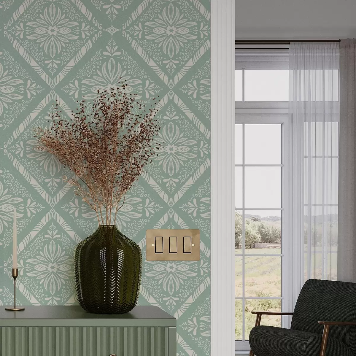 Papier peint Motif géométrique turquoise et beige avec boucles a00466