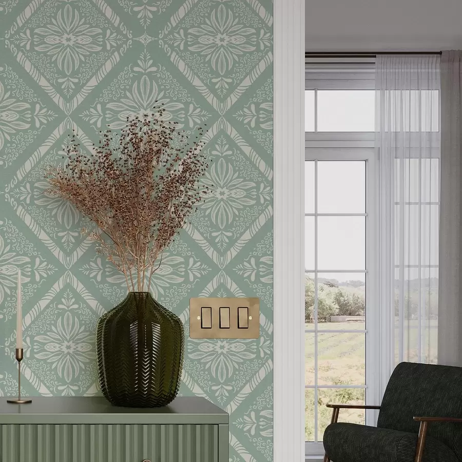 Papier peint Motif géométrique turquoise et beige avec boucles a00466