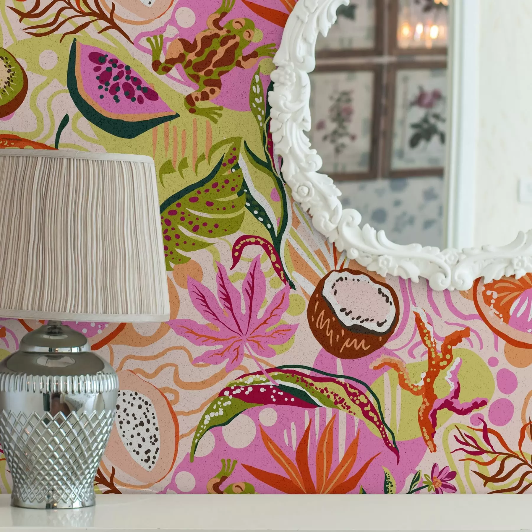 Papier peint Fruits exotiques, feuilles et caméléons dans un style tropical a00469