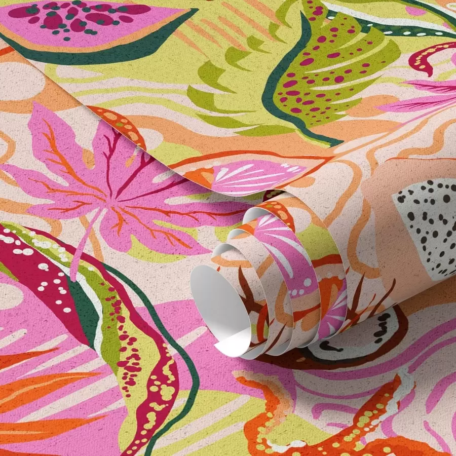 Papier peint Fruits exotiques, feuilles et caméléons dans un style tropical a00469