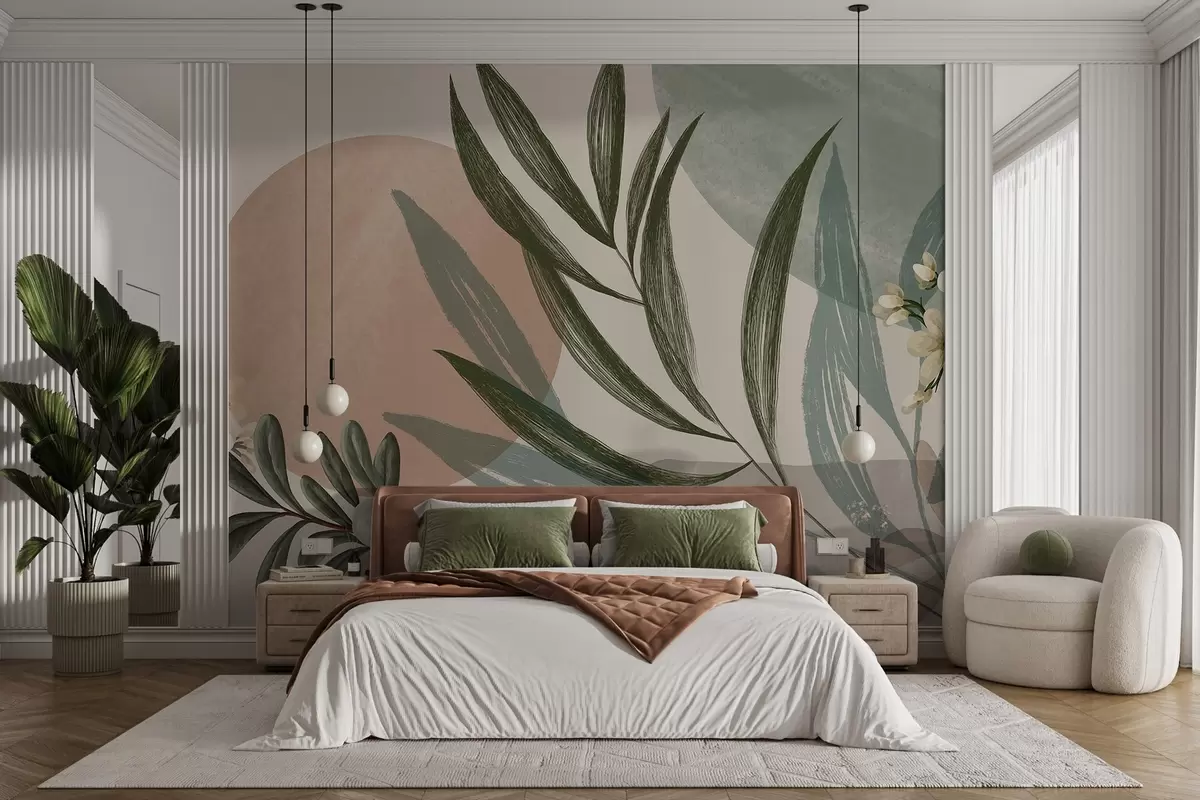 Papier peint Art botanique abstrait avec des feuilles de palmier vertes et des baies blanches, sur un fond de formes dans des tons de terre sourds w09312