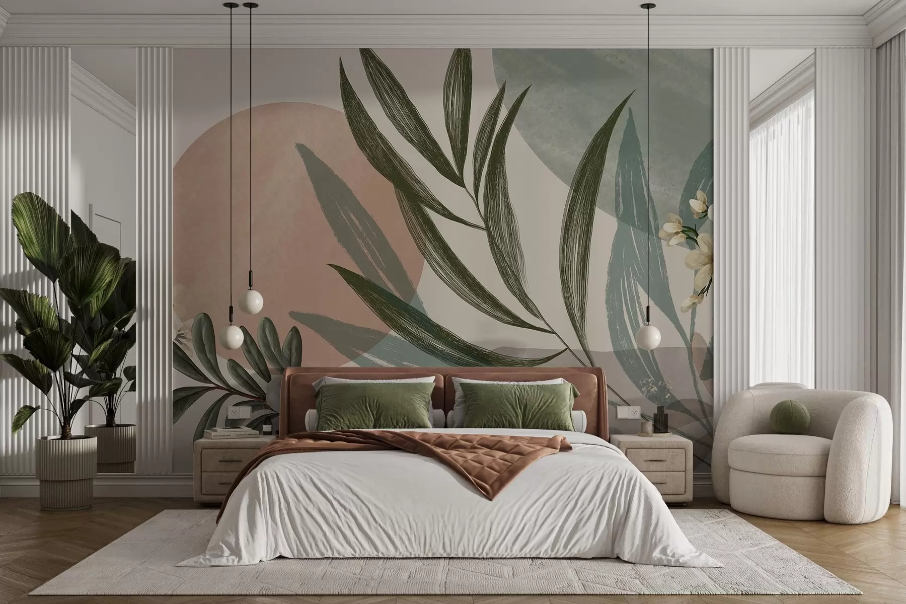 Papier peint Art botanique abstrait avec des feuilles de palmier vertes et des baies blanches, sur un fond de formes dans des tons de terre sourds w09312