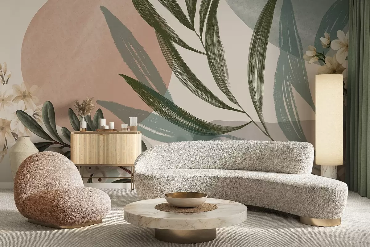 Papier peint Art botanique abstrait avec des feuilles de palmier vertes et des baies blanches, sur un fond de formes dans des tons de terre sourds w09312