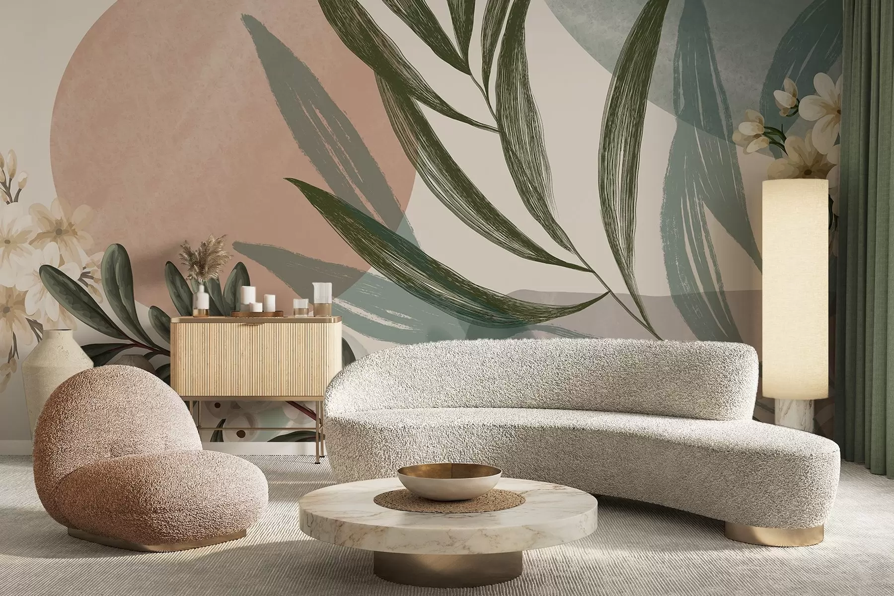Papier peint Art botanique abstrait avec des feuilles de palmier vertes et des baies blanches, sur un fond de formes dans des tons de terre sourds w09312