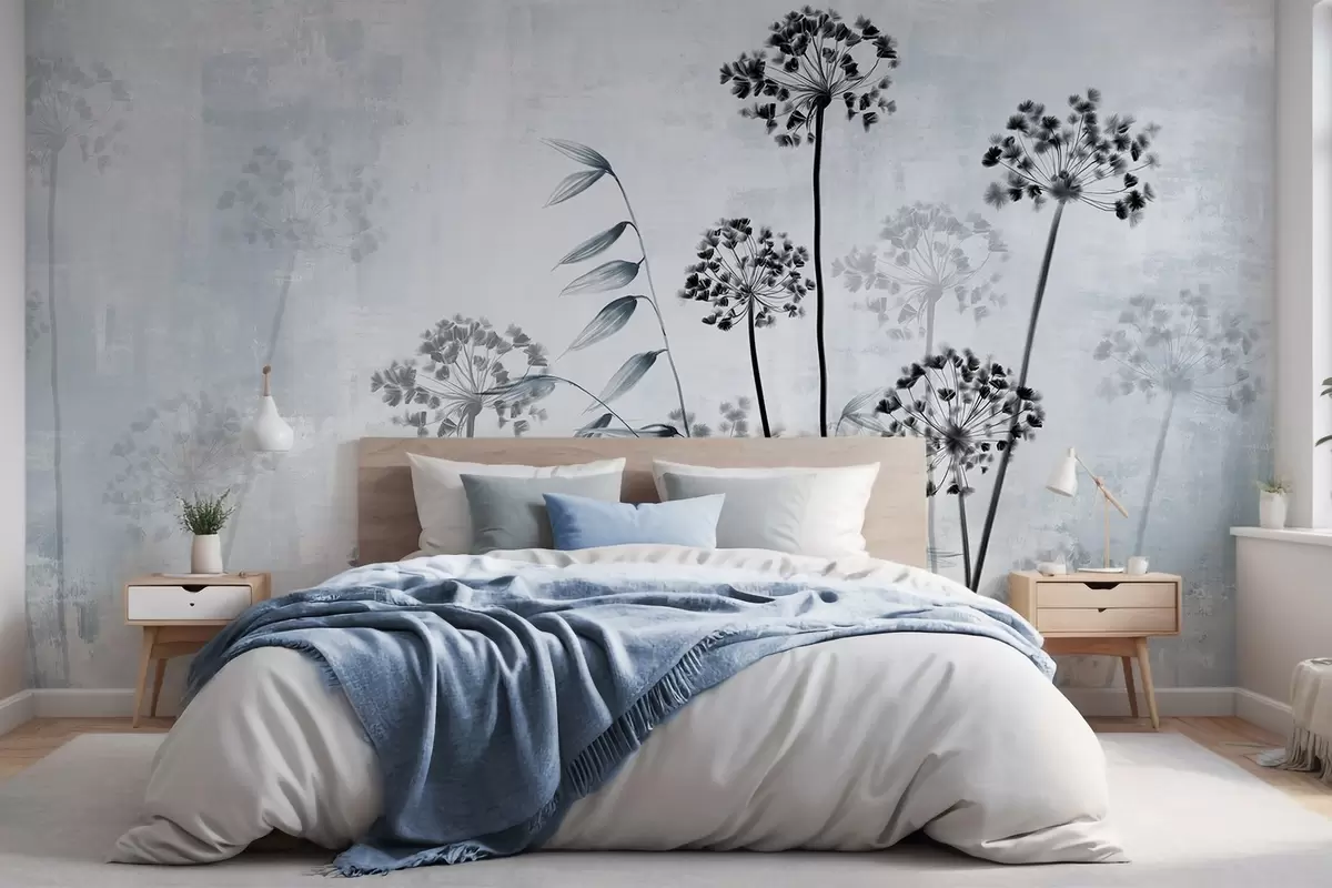 Papier peint Dessin de fleurs séchées avec de longues tiges, palette monochrome, sur un fond texturé gris clair, illustration botanique w09314