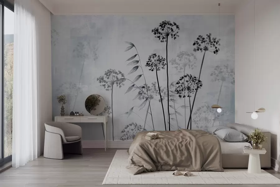 Papier peint Dessin de fleurs séchées avec de longues tiges, palette monochrome, sur un fond texturé gris clair, illustration botanique w09314