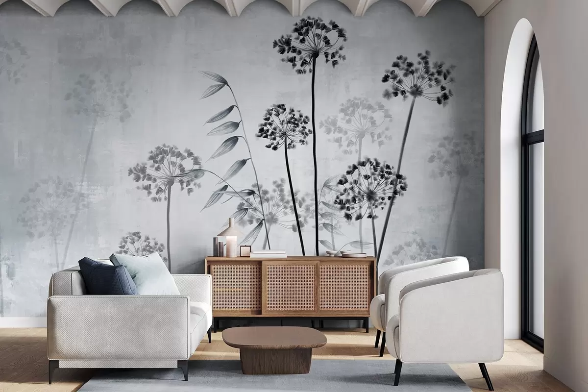Papier peint Dessin de fleurs séchées avec de longues tiges, palette monochrome, sur un fond texturé gris clair, illustration botanique w09314