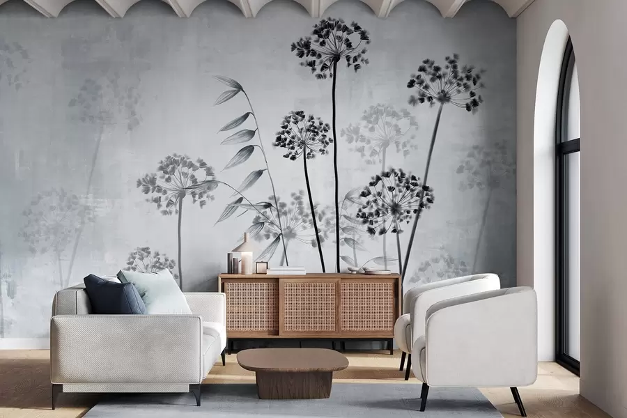 Papier peint Dessin de fleurs séchées avec de longues tiges, palette monochrome, sur un fond texturé gris clair, illustration botanique w09314