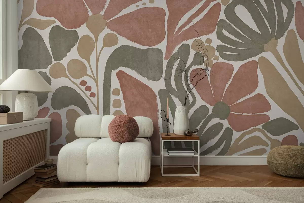 Papier peint Fleurs abstraites dans les tons rouge, vert et beige, sur un fond clair, dans un design minimaliste moderne et stylisé w09315