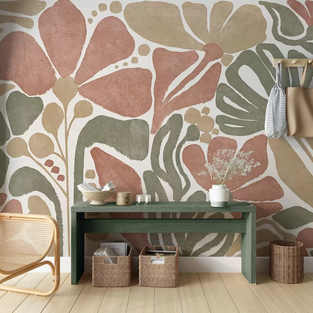 Papier peint Fleurs abstraites dans les tons rouge, vert et beige, sur un fond clair, dans un design minimaliste moderne et stylisé w09315