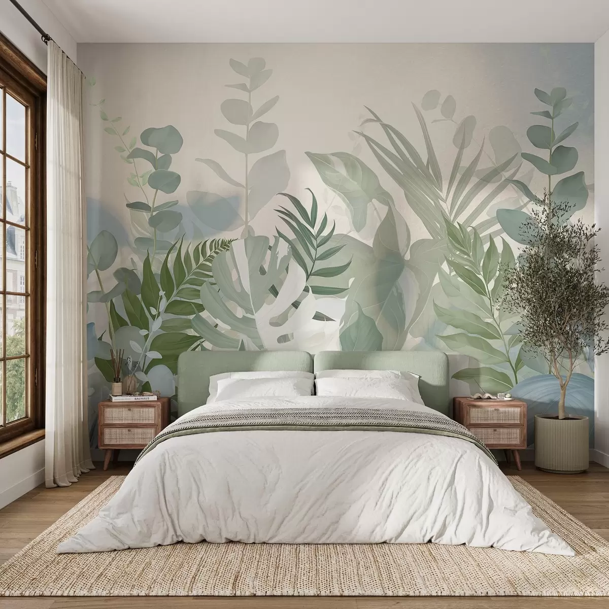 Papier peint Plantes vertes pastel, fougères, monstres et eucalyptus, fond texturé léger, éclairage doux, paisible, illustration botanique w09316