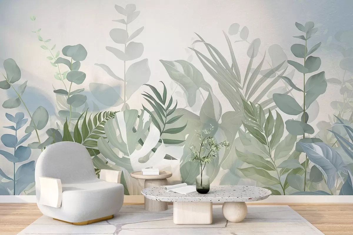 Papier peint Plantes vertes pastel, fougères, monstres et eucalyptus, fond texturé léger, éclairage doux, paisible, illustration botanique w09316