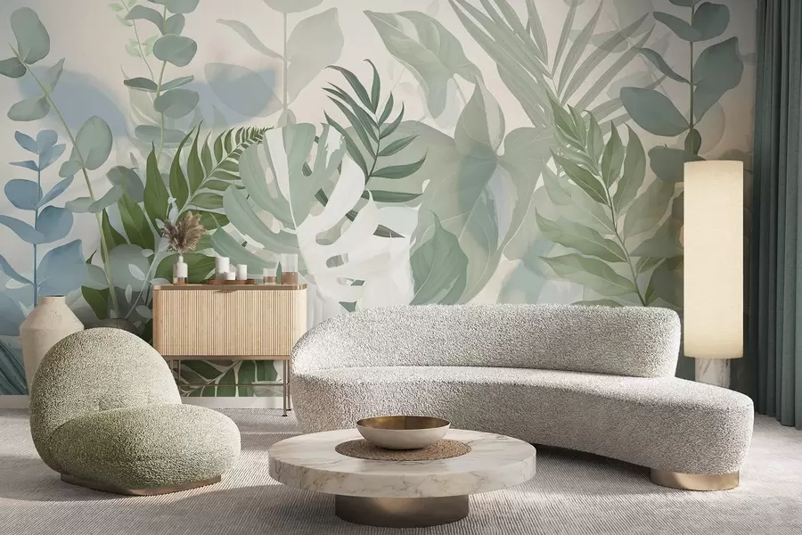Papier peint Plantes vertes pastel, fougères, monstres et eucalyptus, fond texturé léger, éclairage doux, paisible, illustration botanique w09316