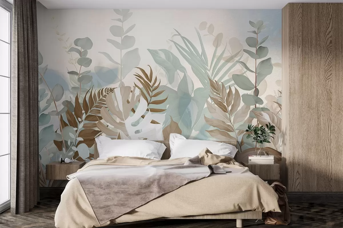 Papier peint Plantes pastel, fougères, monstera et eucalyptus, fond texturé léger, éclairage doux, paisible, illustration botanique w09316v1