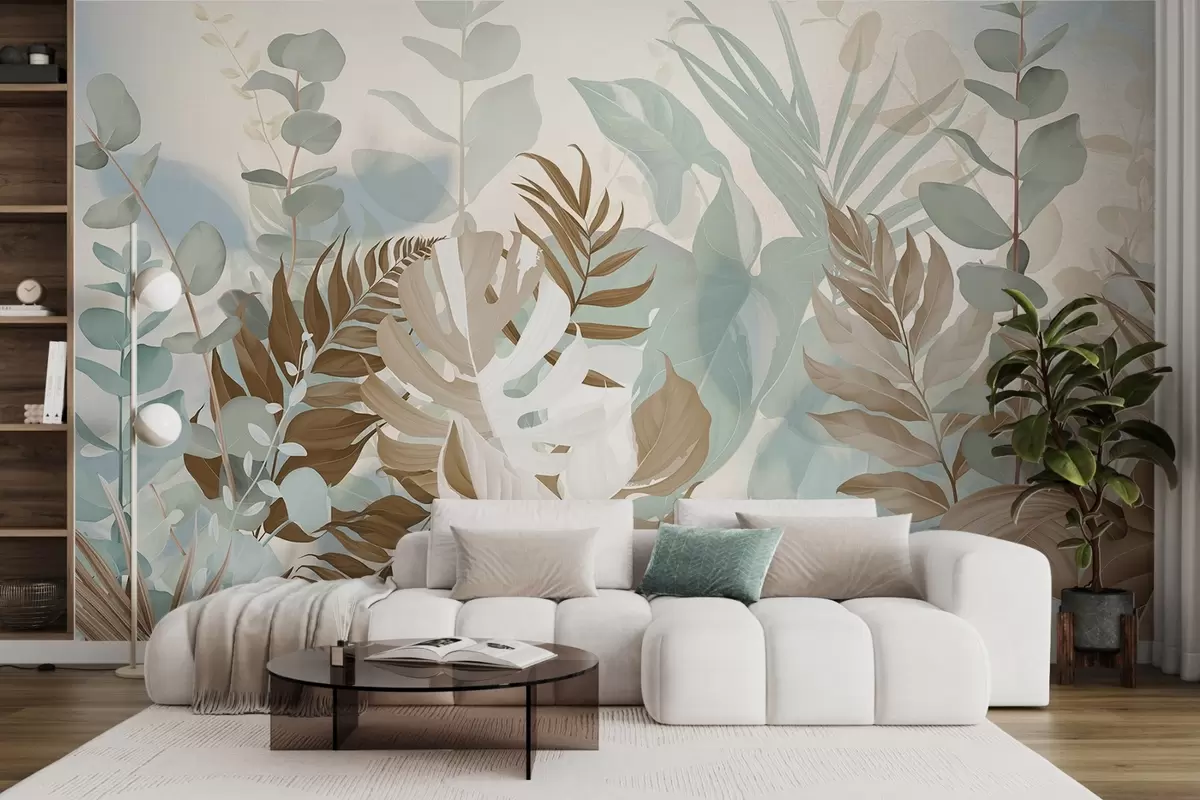 Papier peint Plantes pastel, fougères, monstera et eucalyptus, fond texturé léger, éclairage doux, paisible, illustration botanique w09316v1