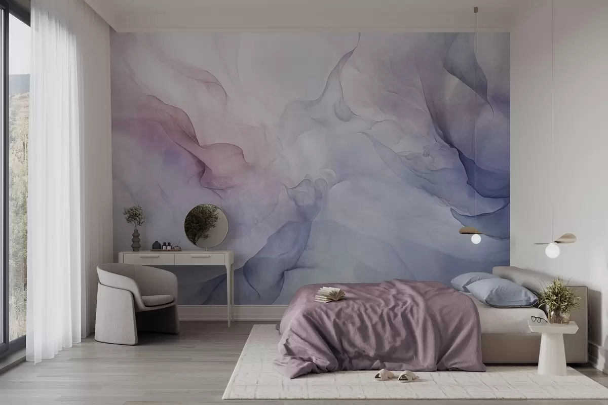 Papier peint Peinture abstraite texturée avec des tons pastel fluides de rose, violet et bleu créant un effet doux w09318