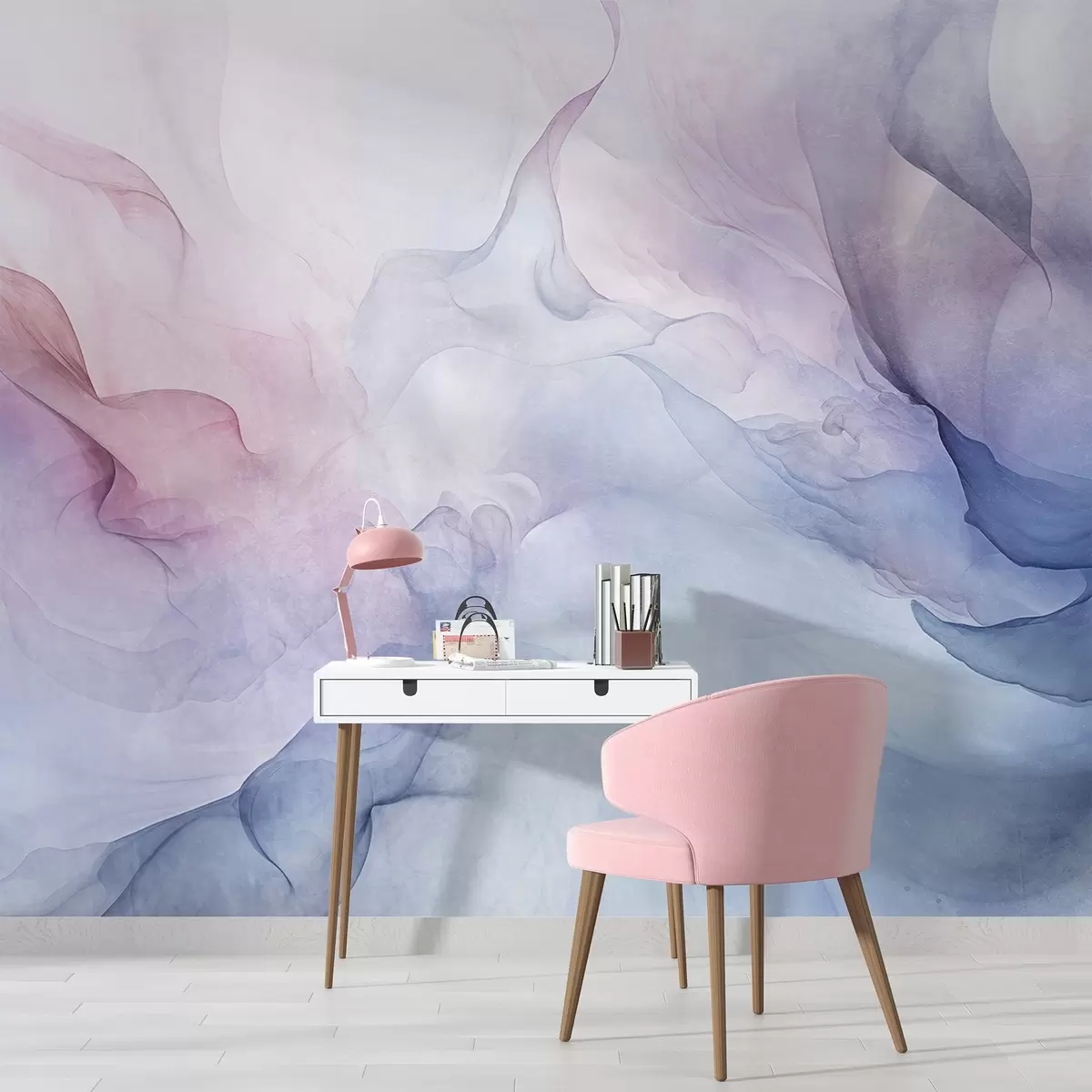 Papier peint Peinture abstraite texturée avec des tons pastel fluides de rose, violet et bleu créant un effet doux w09318