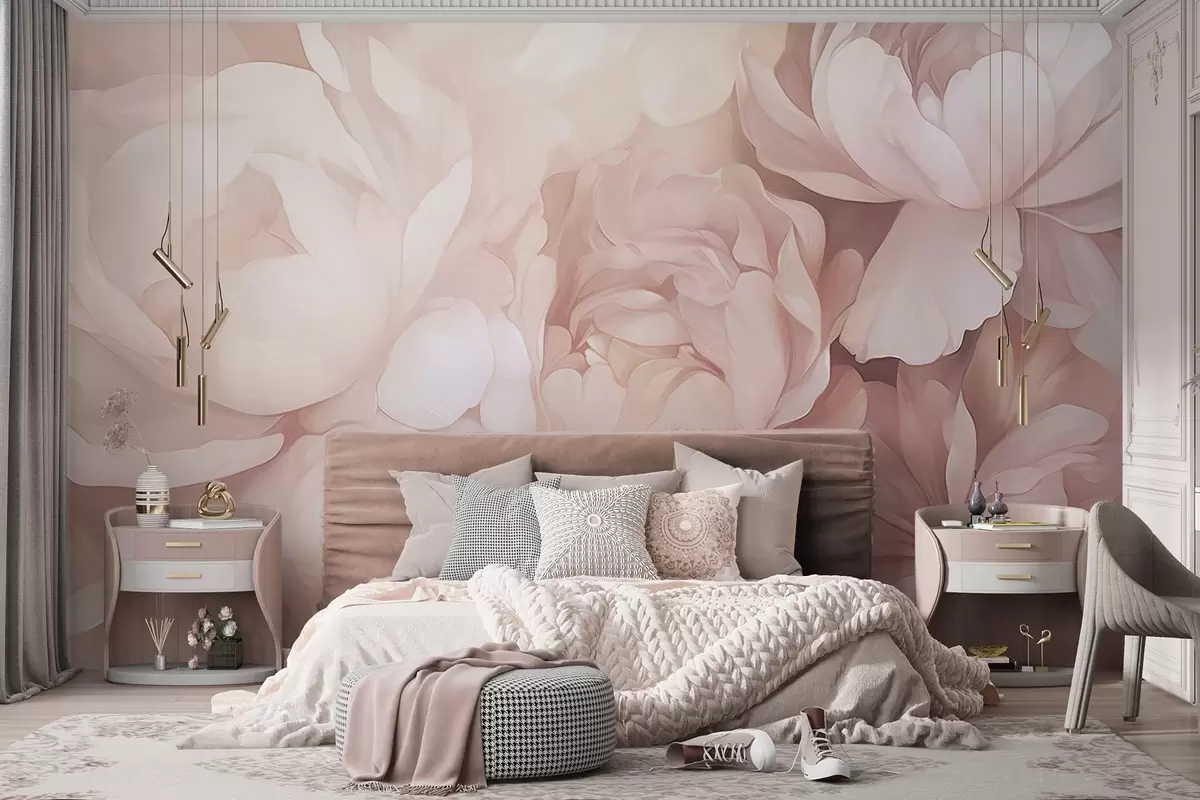 Papier peint Pivoines d'un rose pastel clair aux pétales délicats, doux et texturés, disposées en rangs serrés, créant un art floral dense, éclairage doux w09319