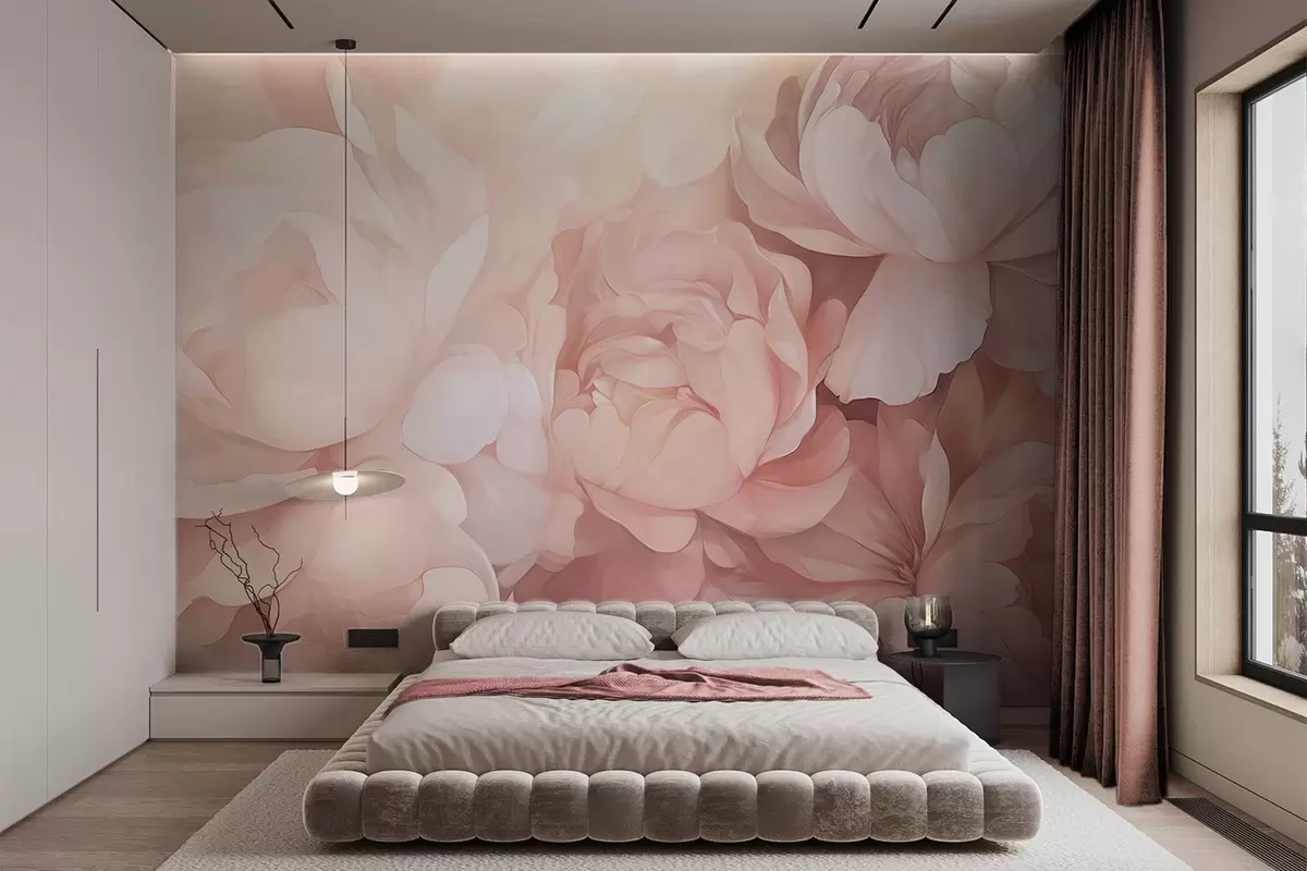 Papier peint Pivoines d'un rose pastel clair aux pétales délicats, doux et texturés, disposées en rangs serrés, créant un art floral dense, éclairage doux w09319