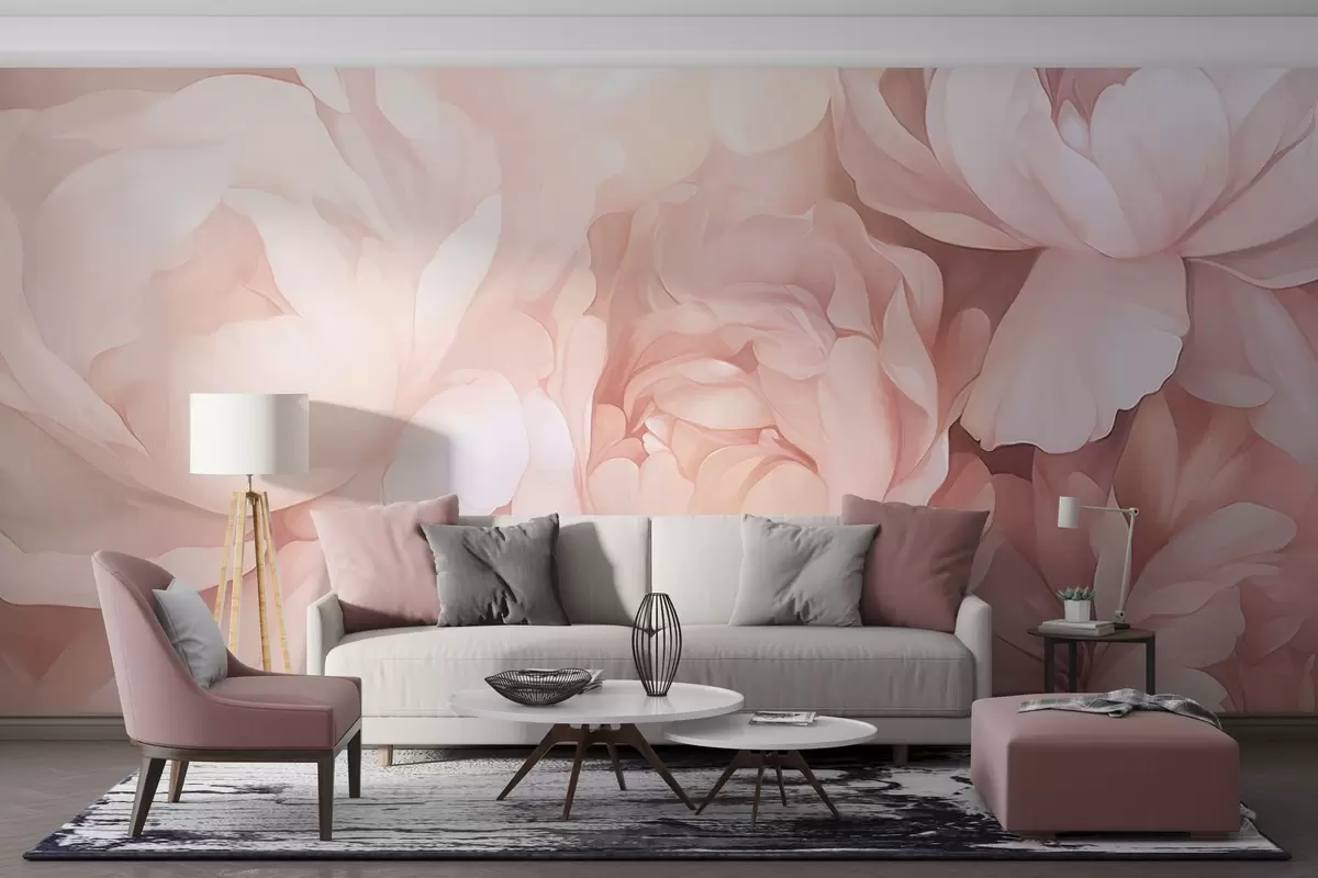 Papier peint Pivoines d'un rose pastel clair aux pétales délicats, doux et texturés, disposées en rangs serrés, créant un art floral dense, éclairage doux w09319