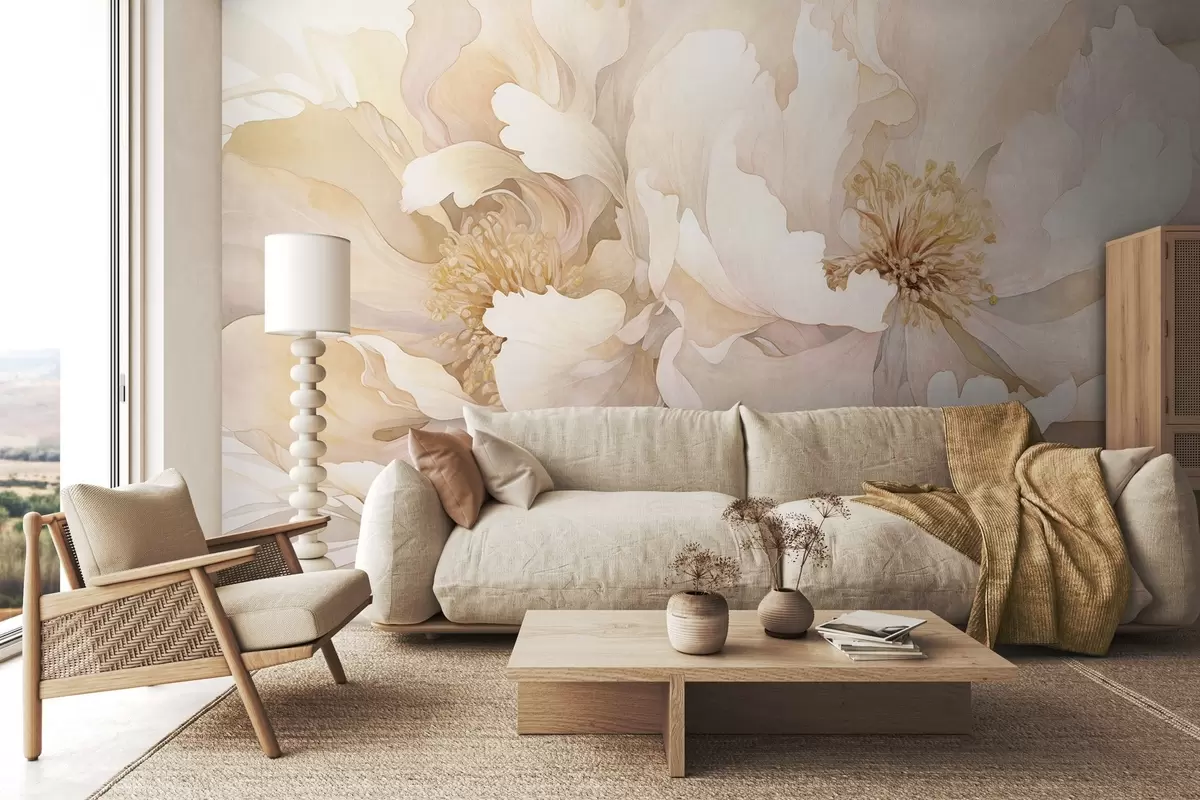 Papier peint Fleurs à la texture de pivoine avec des pétales délicats dans des tons de pêche crème et de rose pâle avec une texture douce, semblable à celle d'une aquarelle w09321