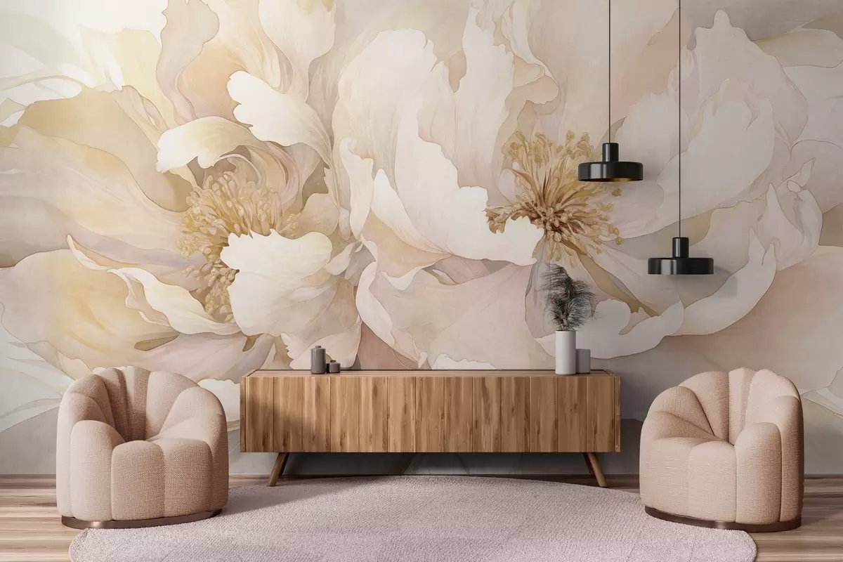 Papier peint Fleurs à la texture de pivoine avec des pétales délicats dans des tons de pêche crème et de rose pâle avec une texture douce, semblable à celle d'une aquarelle w09321