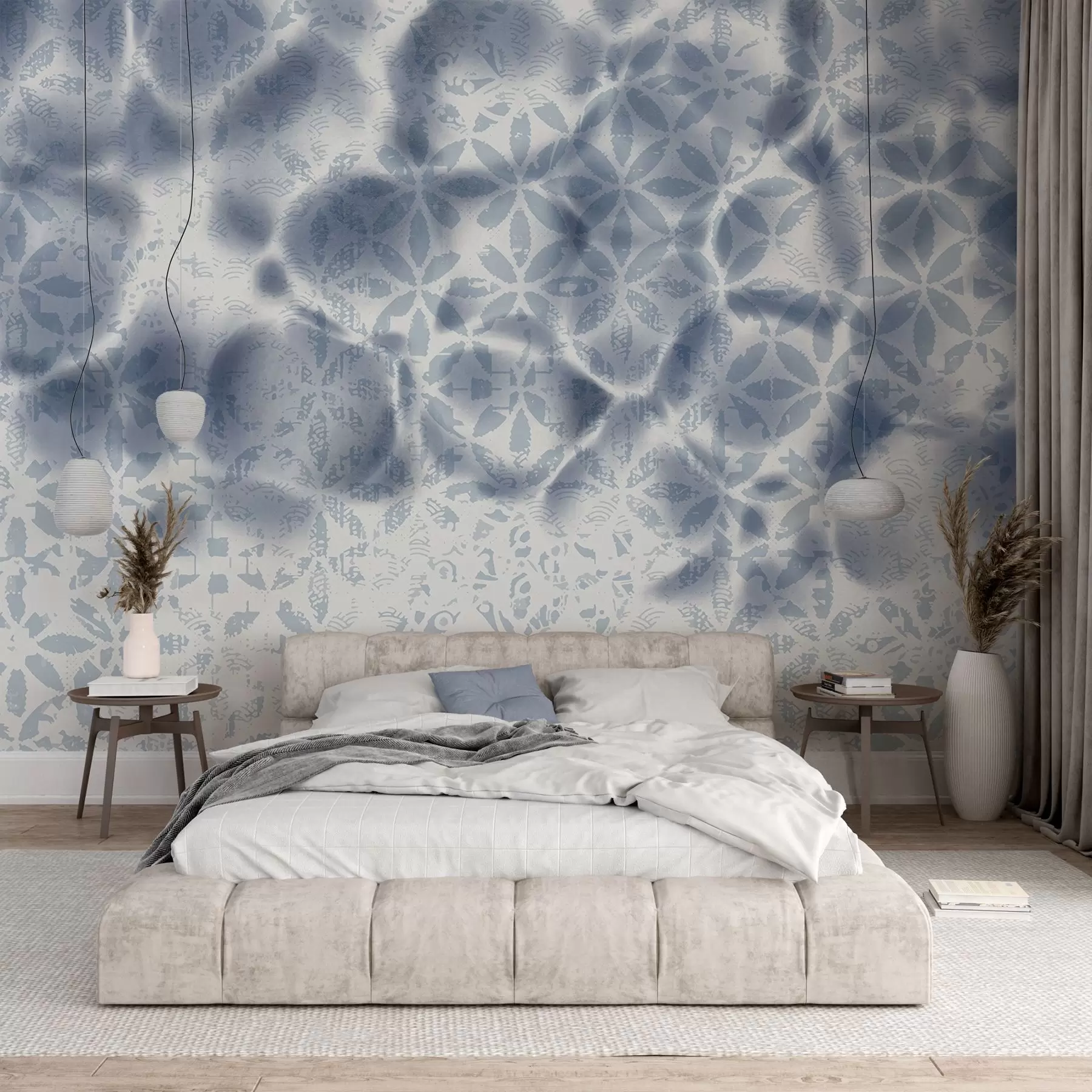 Papier peint Art abstrait texturé avec impression florale bleue, effet estompé et flou, créant une atmosphère douce et rêveuse w09322