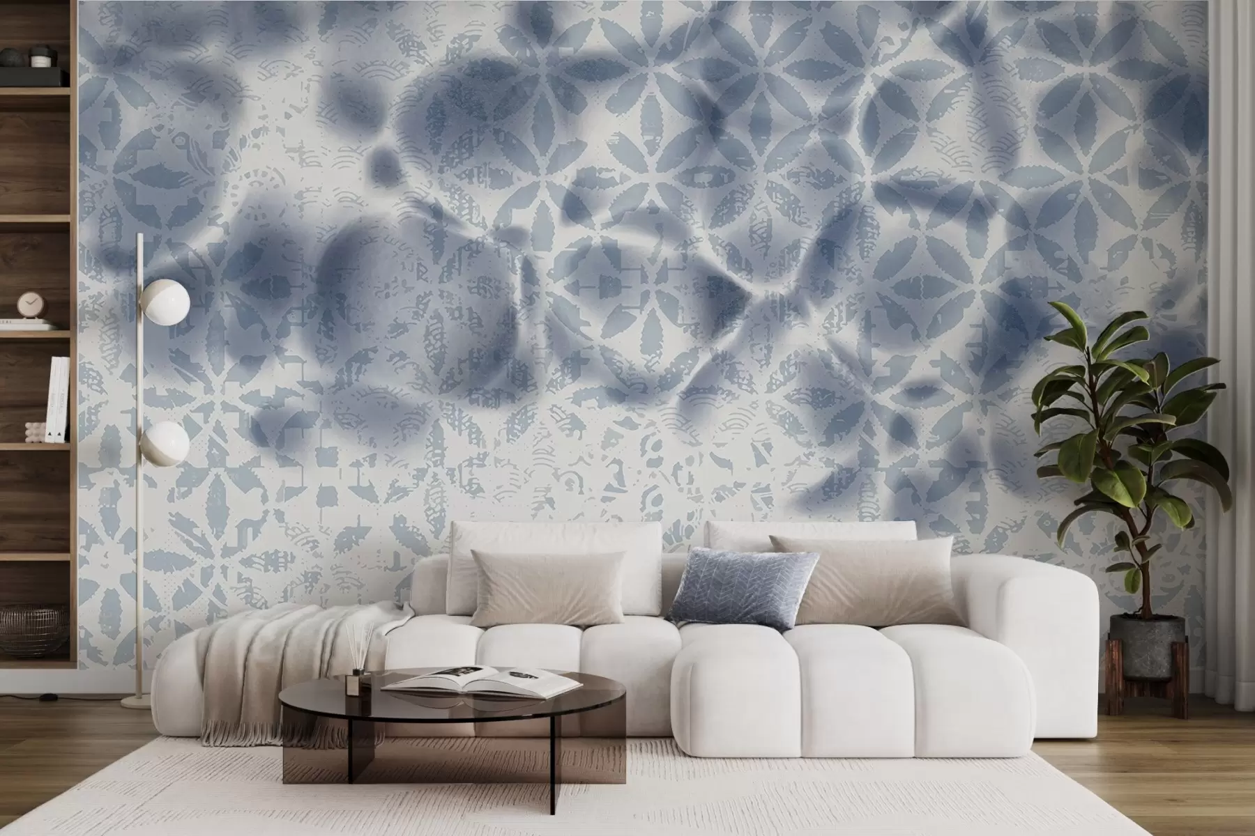 Papier peint Art abstrait texturé avec impression florale bleue, effet estompé et flou, créant une atmosphère douce et rêveuse w09322