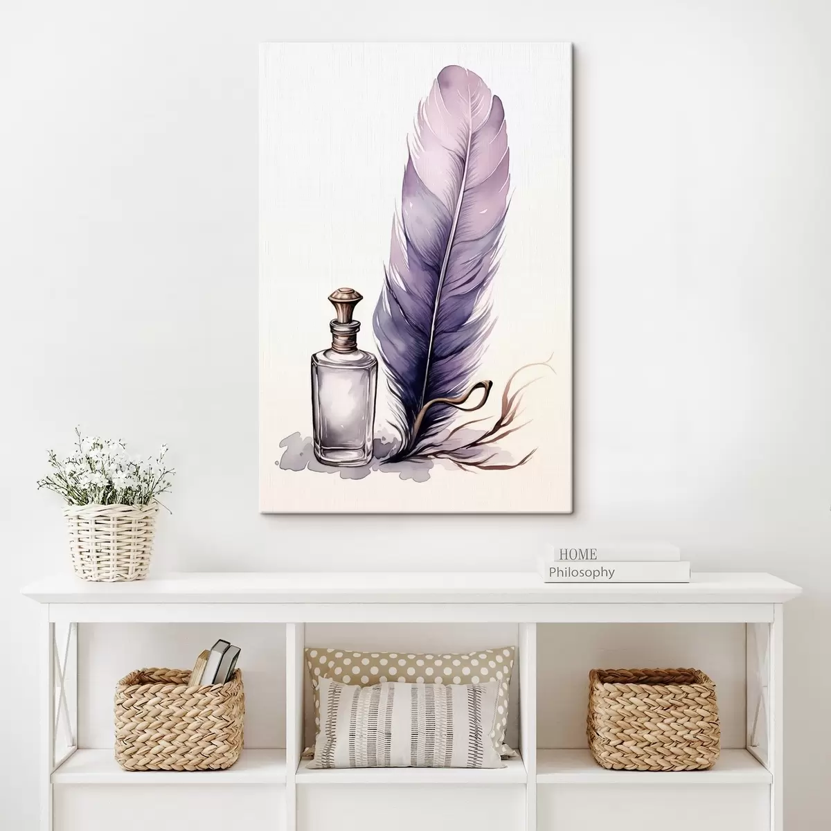Tableau Illustration à l'aquarelle d'une plume et d'une bouteille d'encre en verre s45410