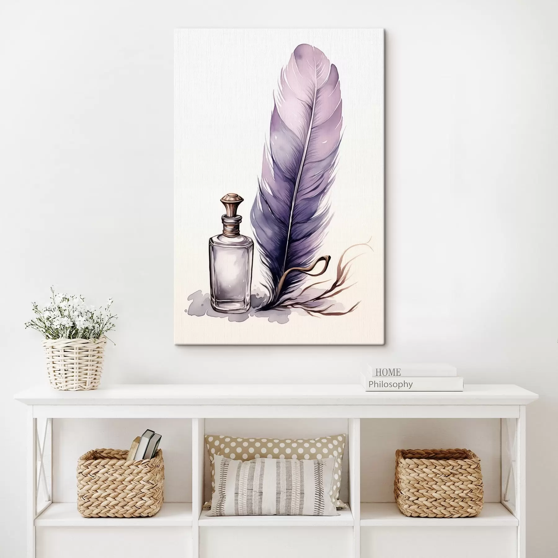 Tableau Illustration à l'aquarelle d'une plume et d'une bouteille d'encre en verre s45410