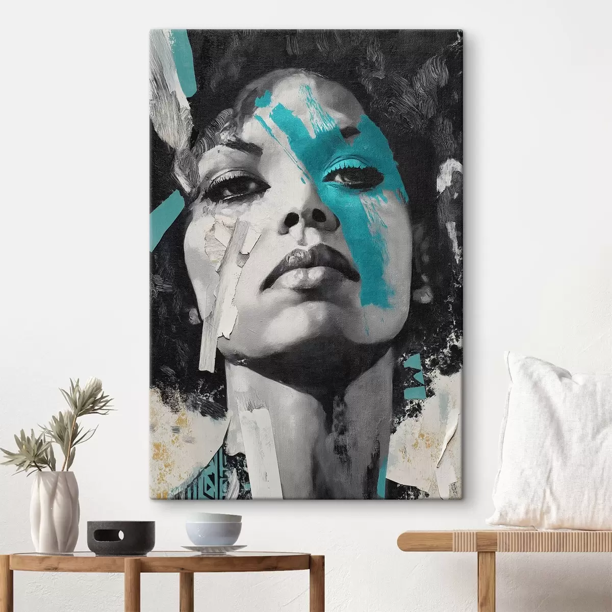 Tableau Portrait en techniques mixtes avec des fragments de touches de couleur et de textures s45416