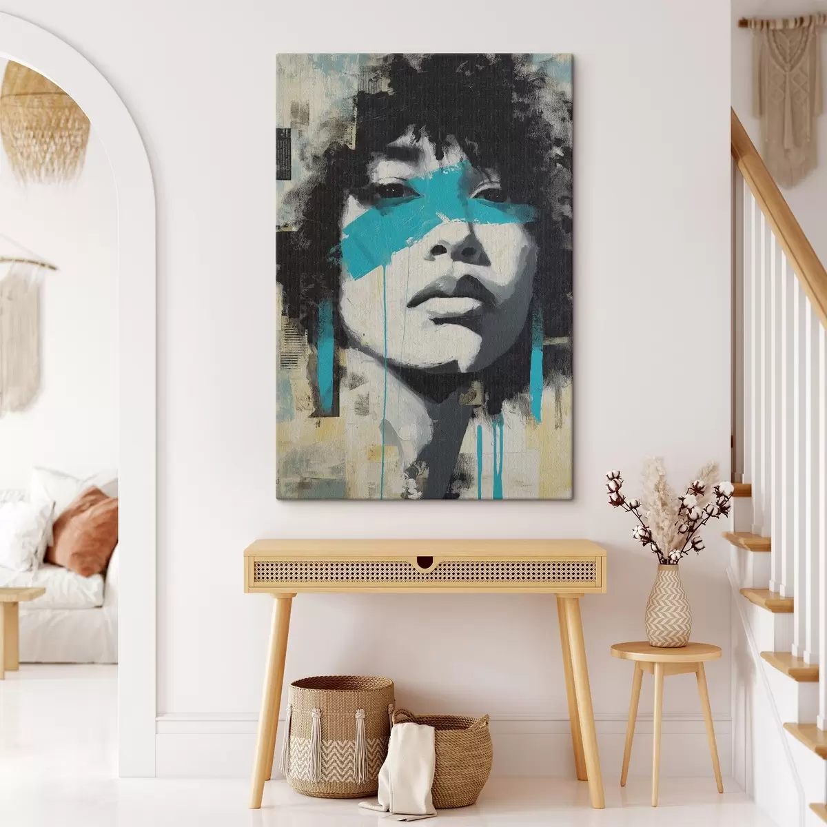 Tableau Portrait en techniques mixtes avec des fragments de touches de couleur et de textures s45417