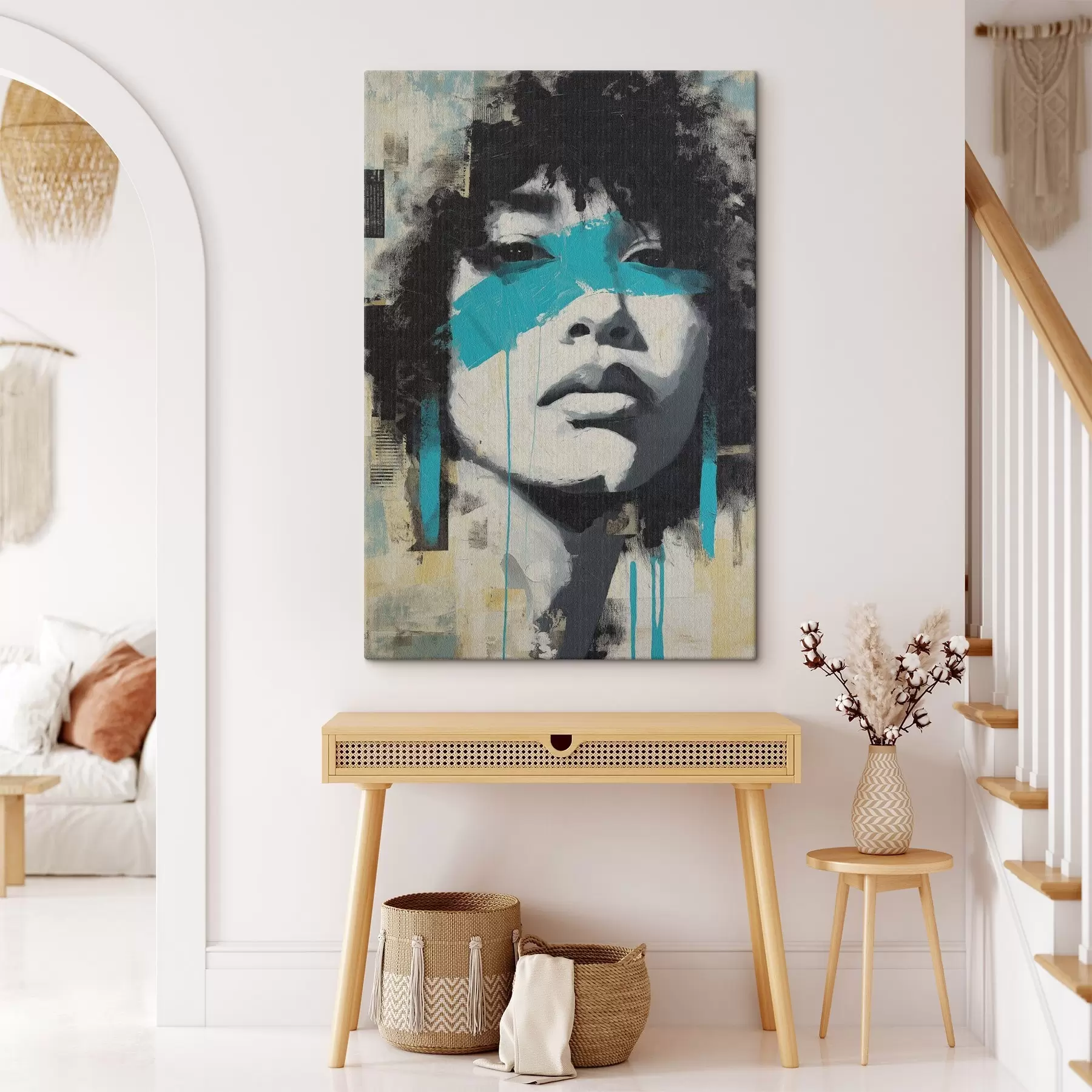 Tableau Portrait en techniques mixtes avec des fragments de touches de couleur et de textures s45417