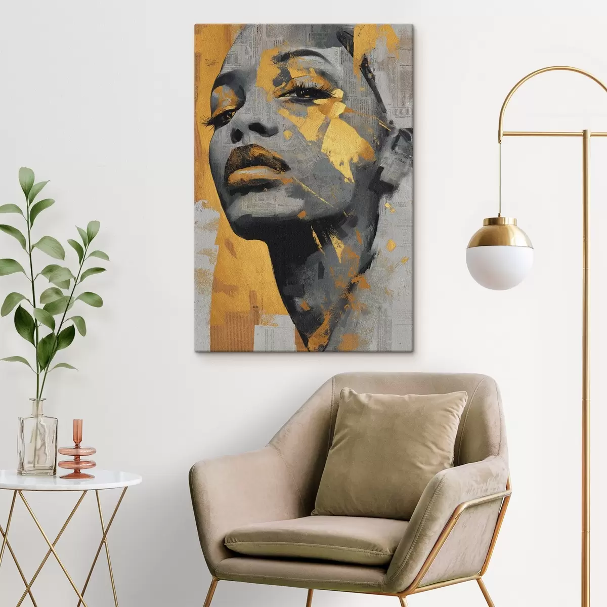 Tableau Portrait en techniques mixtes avec des fragments de journaux et des coups de pinceau décoratifs s45419