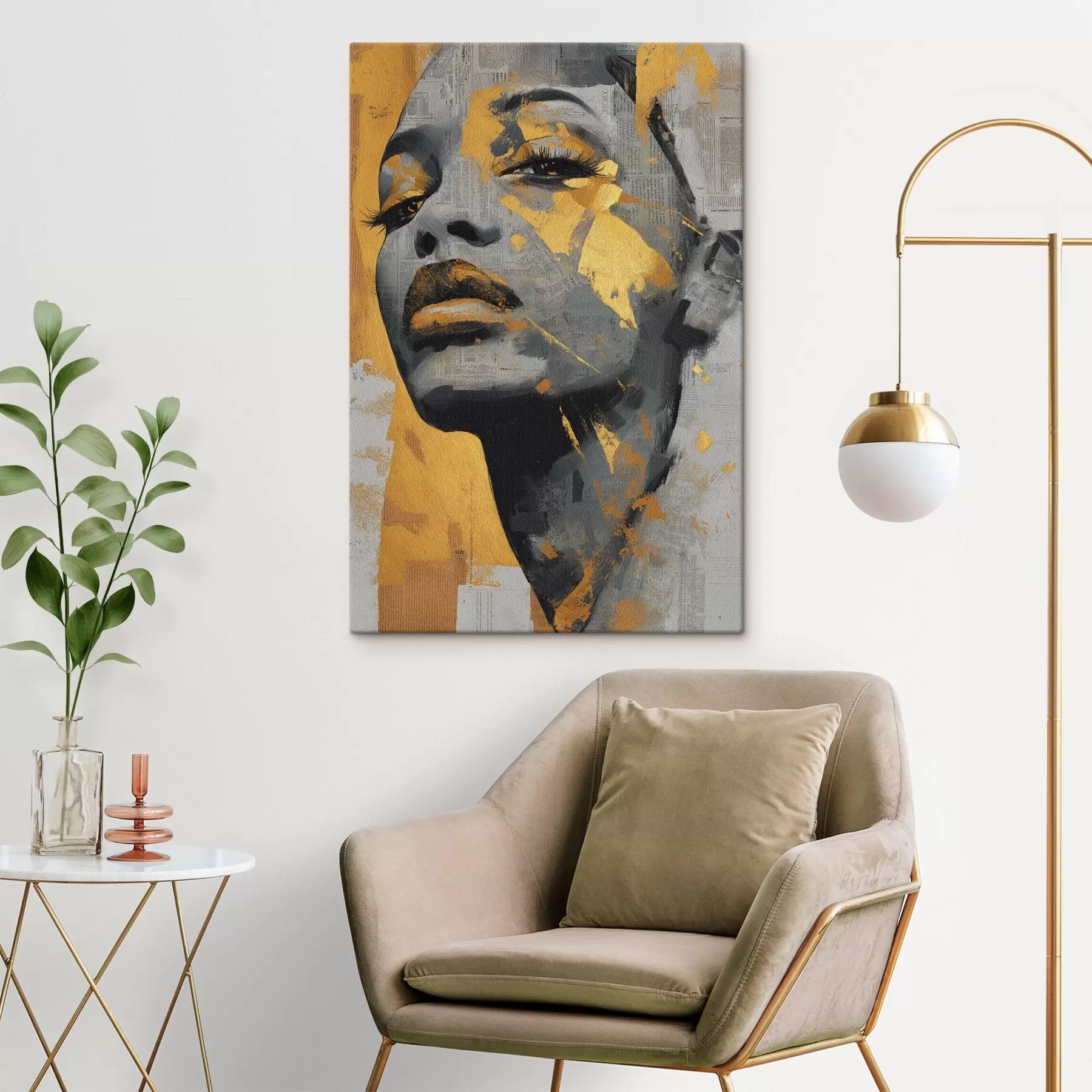 Tableau Portrait en techniques mixtes avec des fragments de journaux et des coups de pinceau décoratifs s45419