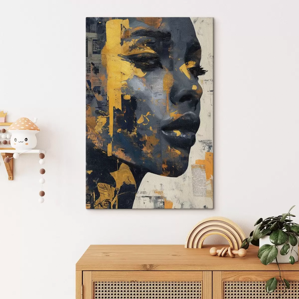 Tableau Portrait en techniques mixtes avec des fragments de journaux et des coups de pinceau décoratifs s45420