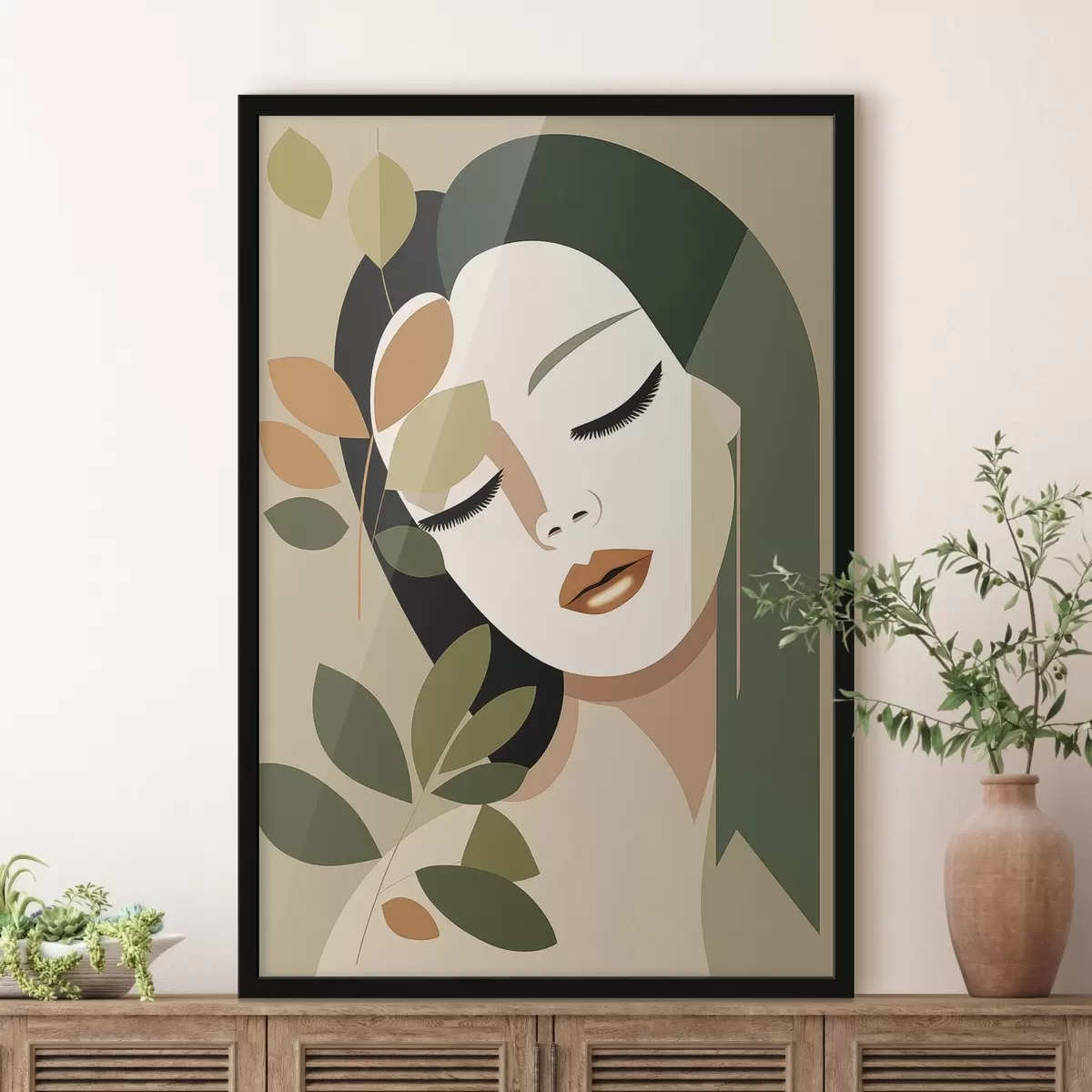 Poster Fille avec des feuilles f45388